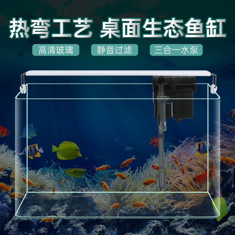 鱼缸裸缸热弯玻璃创意桌面水族箱长方形造景金客厅中小型龟缸批发