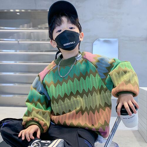 Boys' autumn and winter new long-sleeved sweatshirts  medium-sized and handsome boys' geometric irregular printed long-sleeved T-shirts
