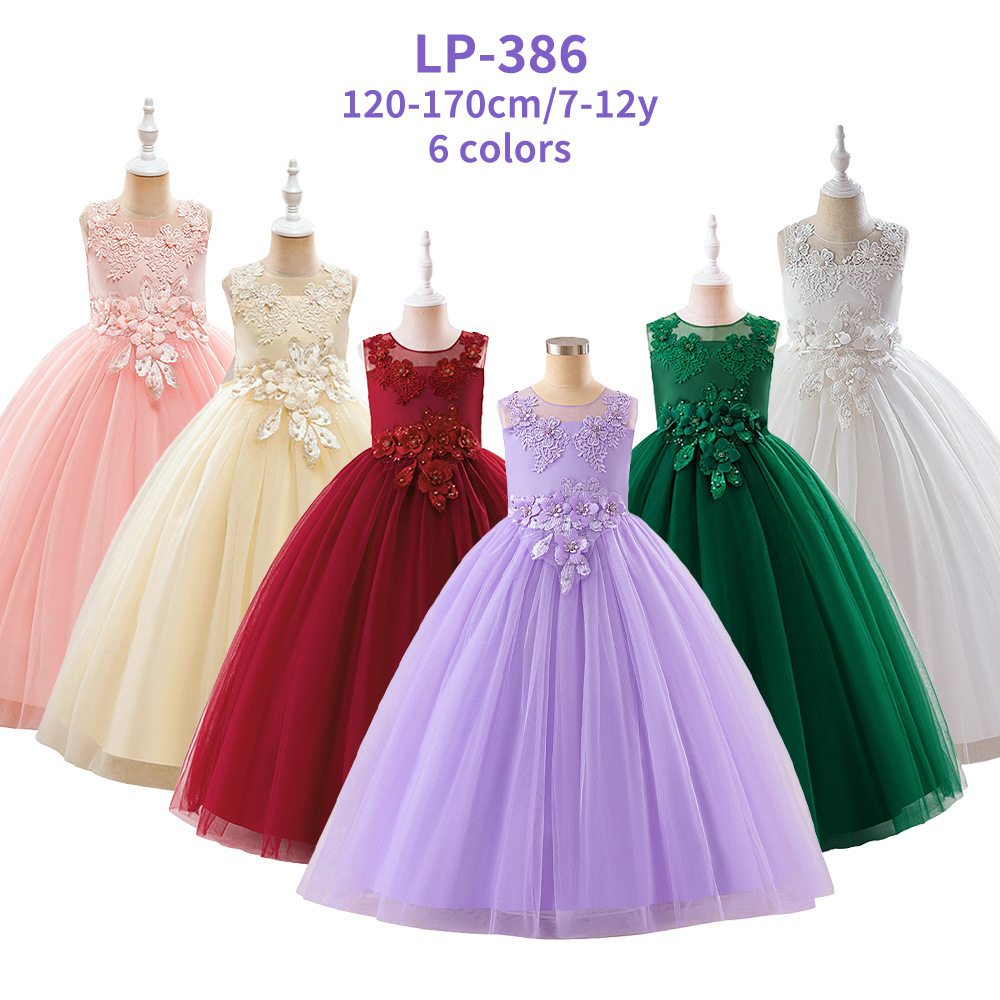 Vestido largo de princesa para niñas, estilo moderno, con malla, bordados y apliques, sin mangas, para actuaciones.