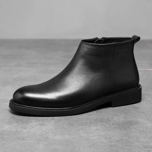 Giày bốt nam cổ cao kiểu Chelsea phong cách Anh, đế cao su chống trượt, gót thấp 1–3 cm — Giày một lớp màu đen, Màu đen lót nhung