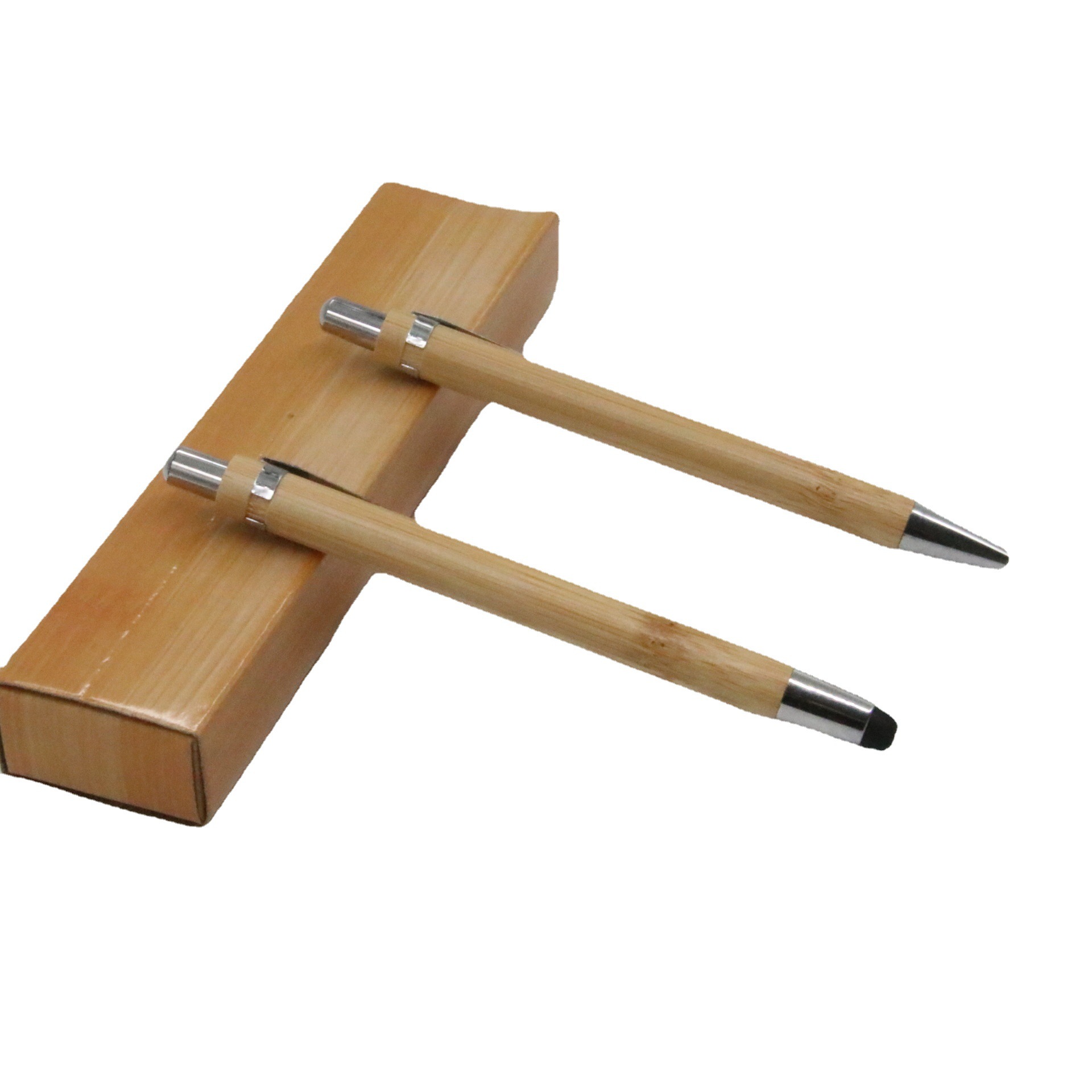 Bambú bolígrafo cartón traje prensa táctil pluma regalo en stock papelería Amazon Venta caliente