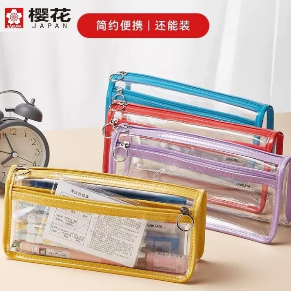 Japonés Sakura flor de cerezo transparente examen lápiz caso doble cremallera simple gran capacidad lápiz caso para hombres y mujeres estudiantes