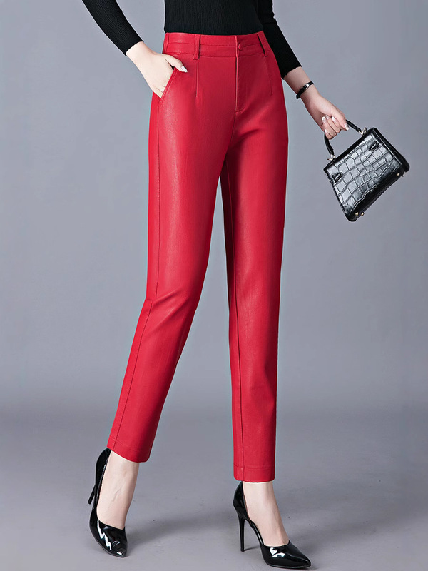2025 Autumn and Winter New Style Genuine Leather Pants for Women, High-Waisted Outer Pants, Slim Fit Sheepskin Boot Pants, Small-Legged Pants