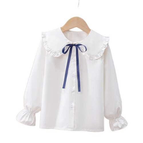 Girls' Spring and Autumn Shirt, New Korean-style Fashionable Long-sleeved White Shirt, Children's Lace Doll-collar Base Top—Trendy