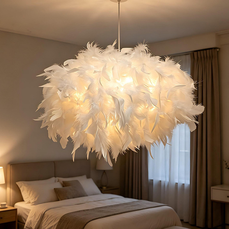 Warm and Romantic Feather Lampshade 45cm Flat Ball Feather Lampshade E27 Interface Universal Accessory/Only the Lampshade