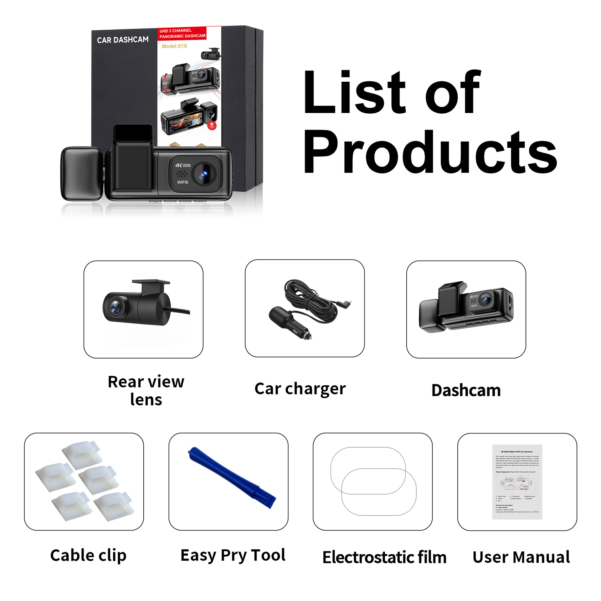 Cross-border car dashcam with high-definition 4K, 200-degree fisheye lens, front and rear triple recording dashcam