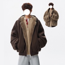 潮牌两面穿仿兔毛棉衣男冬美式痞帅保暖连帽棉服复古百搭情侣外套