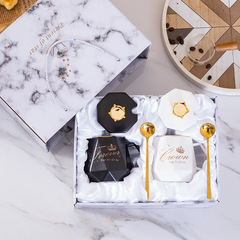 Black and White Couple Cup Gift Ceramic Mug with Striped Bamboo Lid and Scoop Cup, Supports Printing LOGO