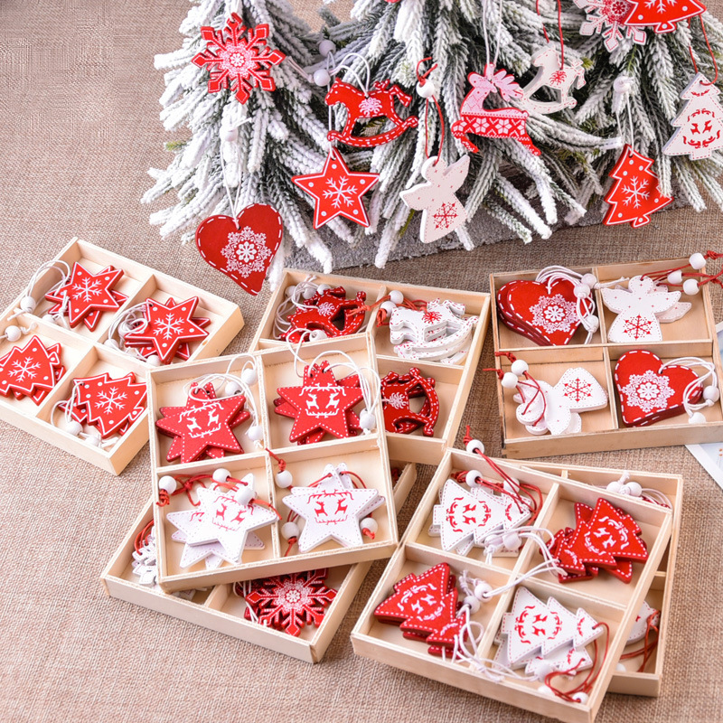 Decoraciones navideñas creativas, colgantes de madera navideños, juego de cajas para árbol DIY, renos, campanas, ángeles, corazones, regalos