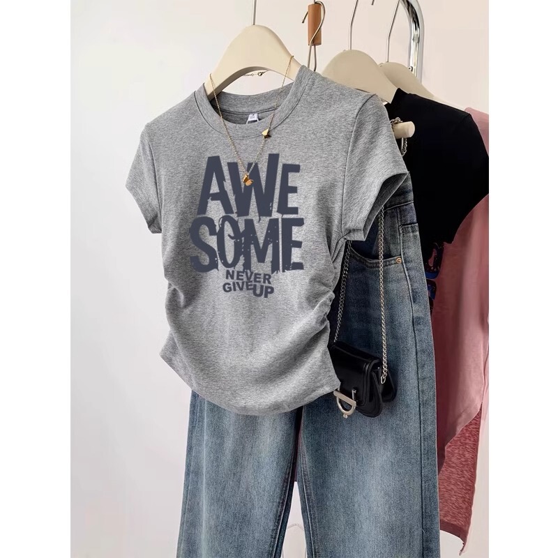 American Retro plus size chubby girl Top Summer Small Shoulder Short-sleeved Printed Slim-fit Age-reducing T-shirt for Women