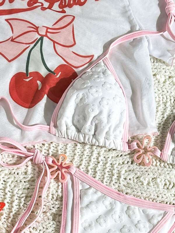 Women's Patterned Three Piece Bikini Set With Tie Up Swimsuit_voghion.com