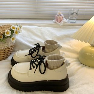 Women's thick-soled preppy style leather shoes 2024 New White British style round toe lace-up all-match Japanese single-layer shoes