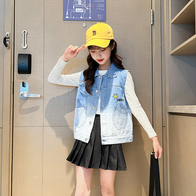 Girls denim jacket 2023 spring clothes new pattern children washing cowboy CUHK Easy Western style coat