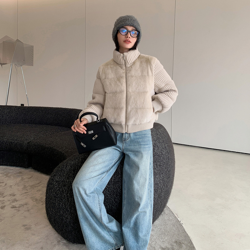 L * P Same Cashmere Knitted Mink Fur Jacket High-end White Goose Down Jacket Women's Winter Short Jacket