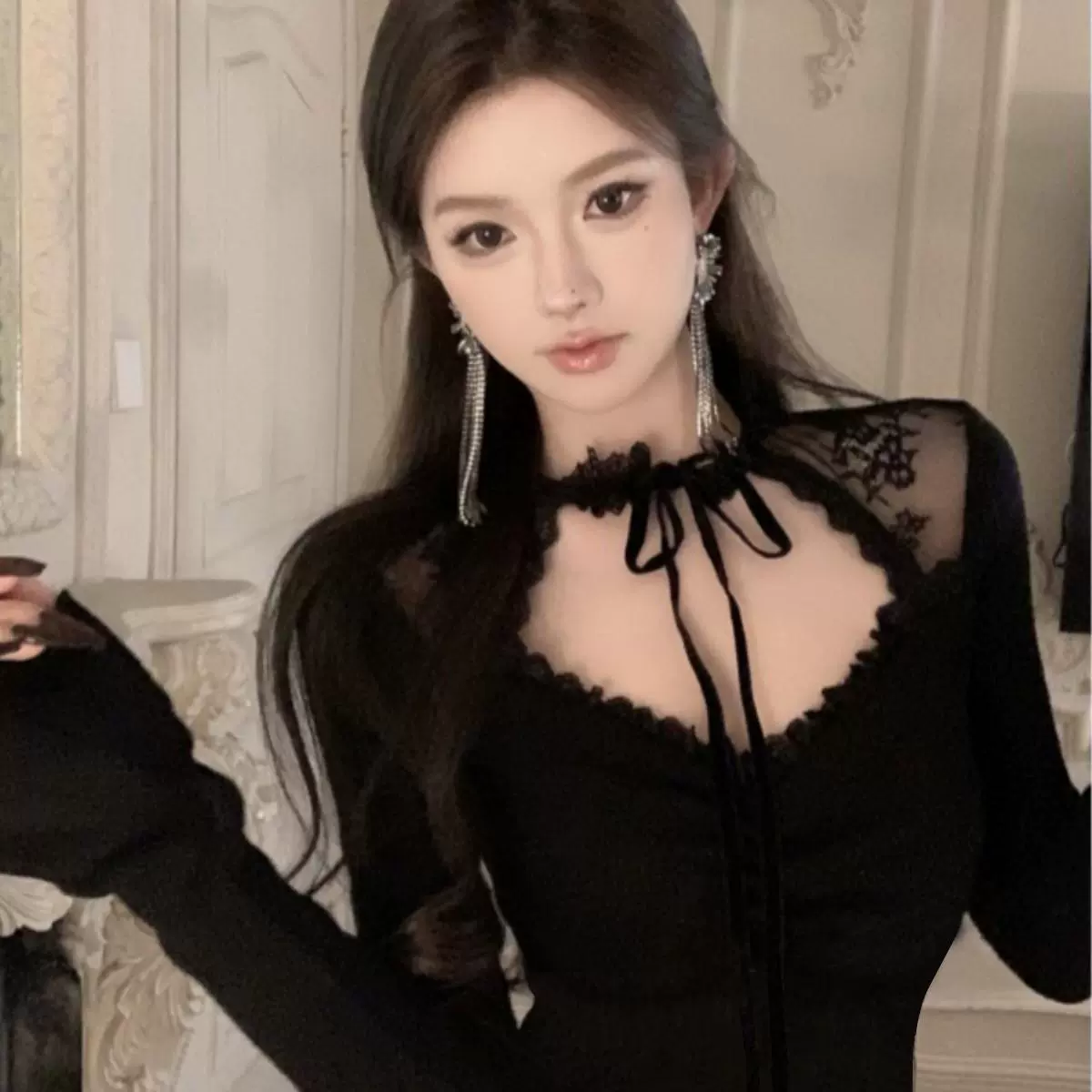 Плюс размер, кружевной топ с вырезами, сексуальная нишевая шикарная футболка с длинными рукавами, женская зимняя нижняя рубашка