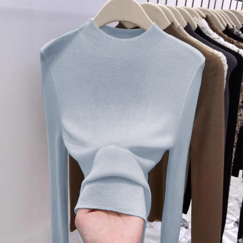 Half Turtleneck Wool Knitted Bottoming Shirt for Women in Autumn and Winter, Slim Fit and Elegant, Milky Blue Soft Waxy Sweater Right Shoulder Top