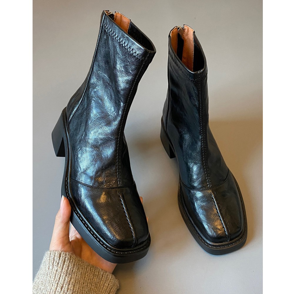 Cowhide Genuine Thick French Style Short For Women 2025 New Autumn Winter High Heel Stretch Slim Boots_vogvips.com