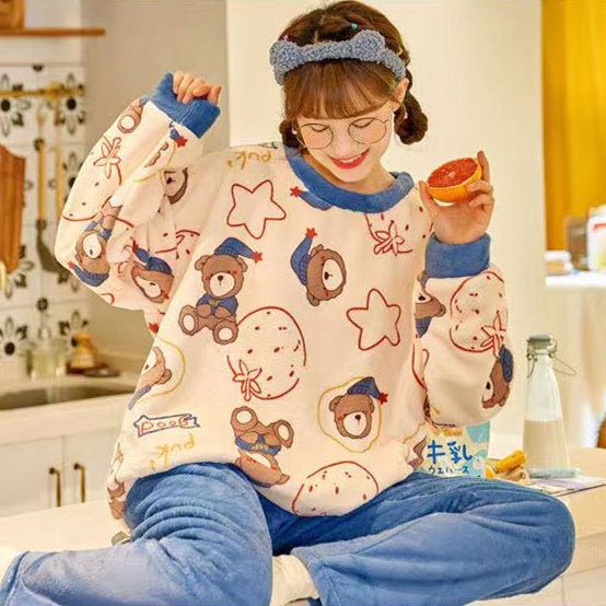 Pijamas de invierno las mujeres coral fleece dulce lindo Otoño e Invierno engrosada franela corte princesa estilo desgaste del hogar traje
