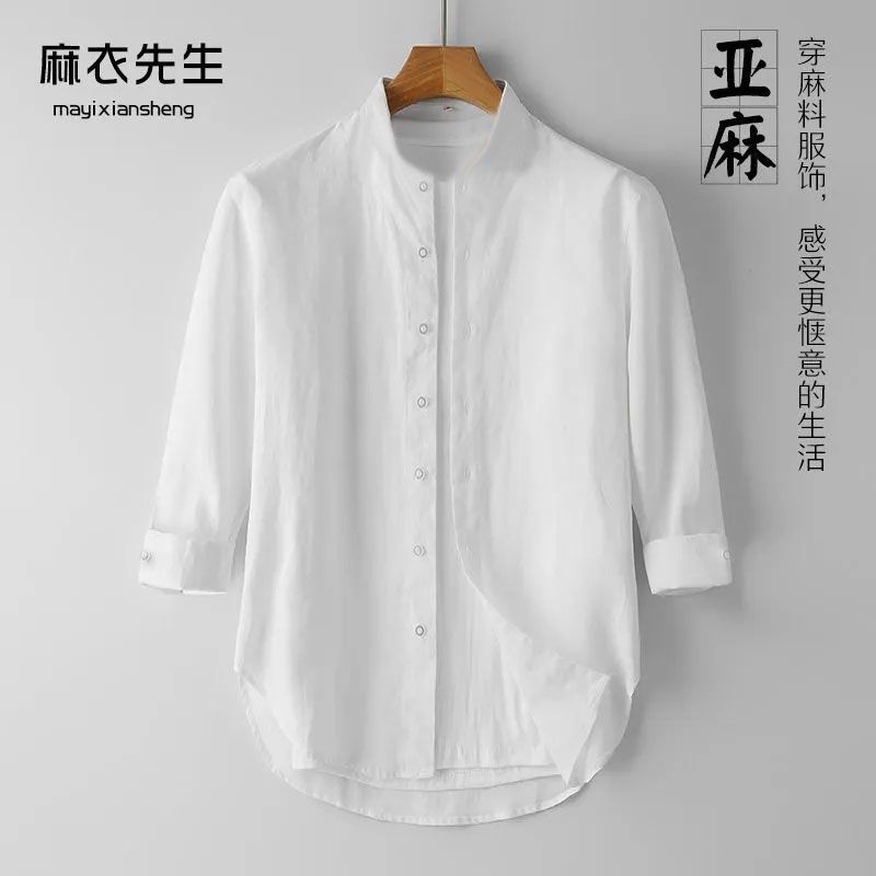 Breathable Summer 7/8 Sleeve Linen Shirt for Men Casual Medium Sleeve Linen Material White Collared Shirt Loose Plus Size Thin Top