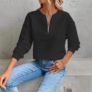 2024 New Amazon Cross Border Fashion Women's Casual Half Zip Sweatshirt Long Sleeve Solid Color Texture Top