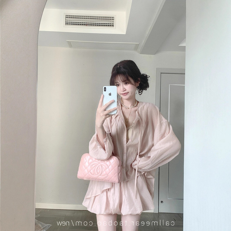 CallmeEar//甜桃泡泡套装女夏季薄款长袖上衣+花苞裙裤|undefined
