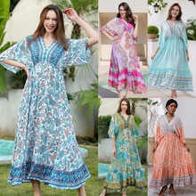 欧美跨境女装定位印花连衣裙宽松A摆长裙沙滩罩衫度假长裙亚马逊