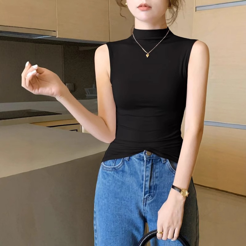 모달 하프 터틀넥 민소매 조끼 여성의 봄과 가을 새로운 슬림 핏 플러스 사이즈 올 매치 내베이스 셔츠 탑