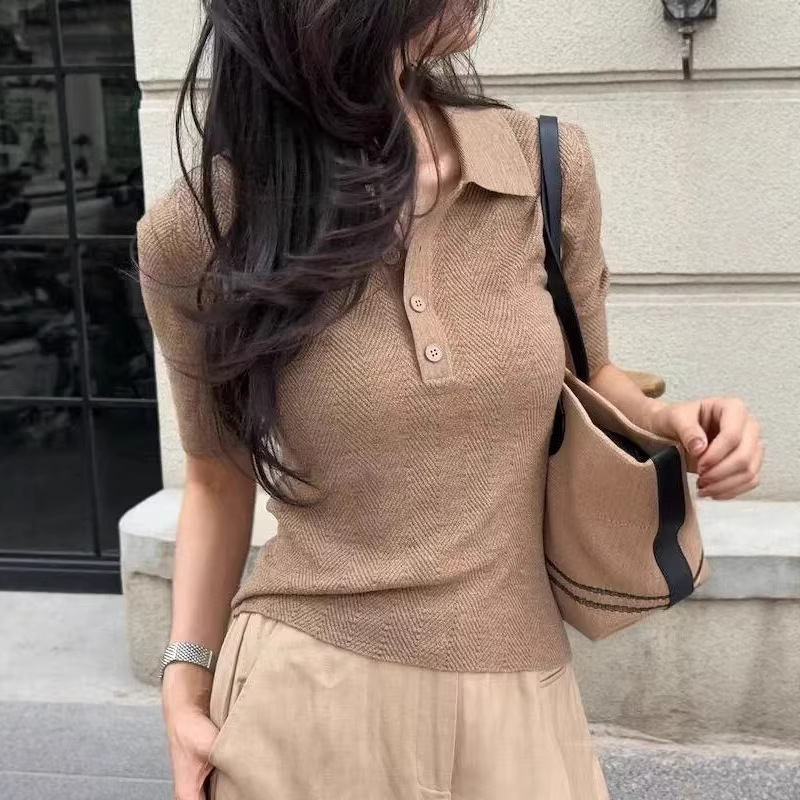 Knitted spring retro short sleeve T-shirt