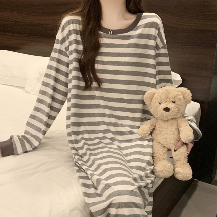 나이트가운 여성의 봄과 가을 긴 소매 여성 면화 2024 새 도착 잠옷 착용