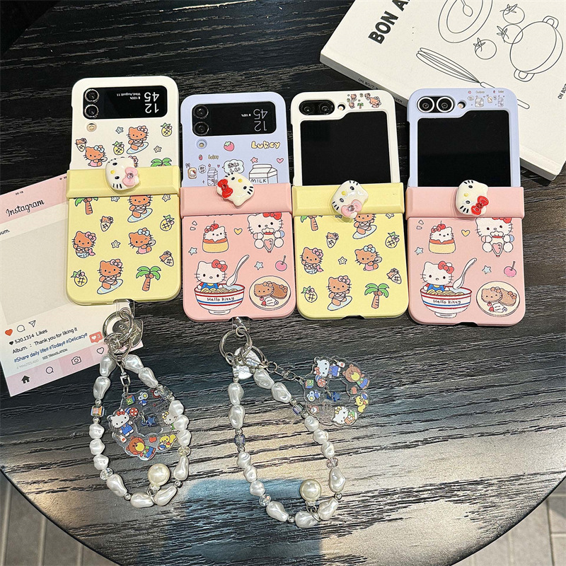 Japanese and Korean Cartoon Coconut Tree Kitty Cat Suitable for Samsung Zfli Mobile Phone Case Color Matching Three-Piece Bracelet Zfli6 Trendy