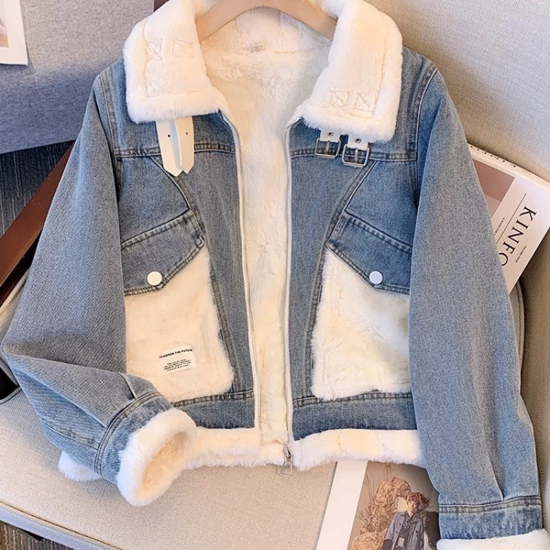 velvet thickened denim jacket for women 2025 new autumn and winter small loose women's short winter clothes