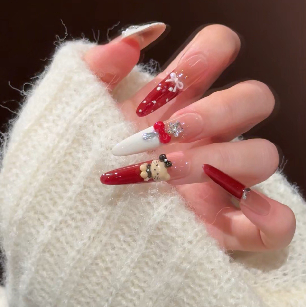 autumn and winter new year handmade red cute bow ins french detachable white manicure wear nail polish piece