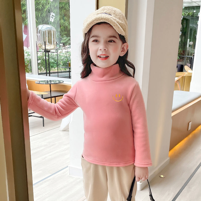 어린이 속옷 자수 양면 양털 두꺼운 따뜻한 탑 의 하이 칼라 긴팔 티셔츠 남녀 어린이 겨울복