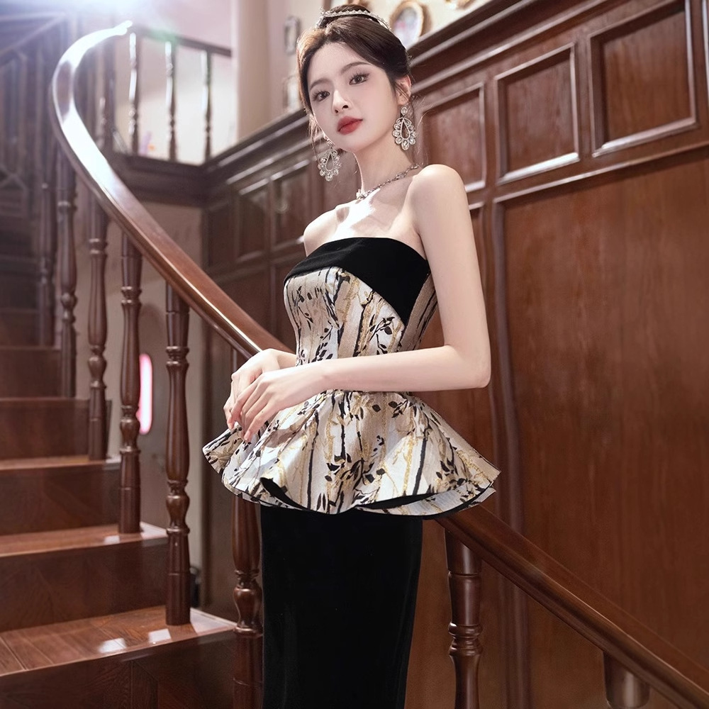 Evening Dress Strapless Light Luxury Niche High-end Banquet Elegant High-end Fishtail Dress Adult Ceremony Host Female Art Test
