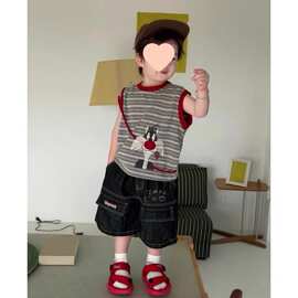 韩版童装男童夏装套装2026新款儿童衣服休闲百搭条纹背心牛仔短裤