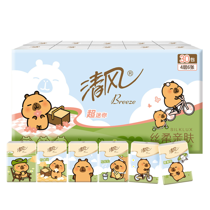 Qingfeng Capibara Handkerchief Paper 4 Layers 6 Sheets 30 Packs of Wettable Paper Towels Small Pack Portable Napkins B66Pjeip