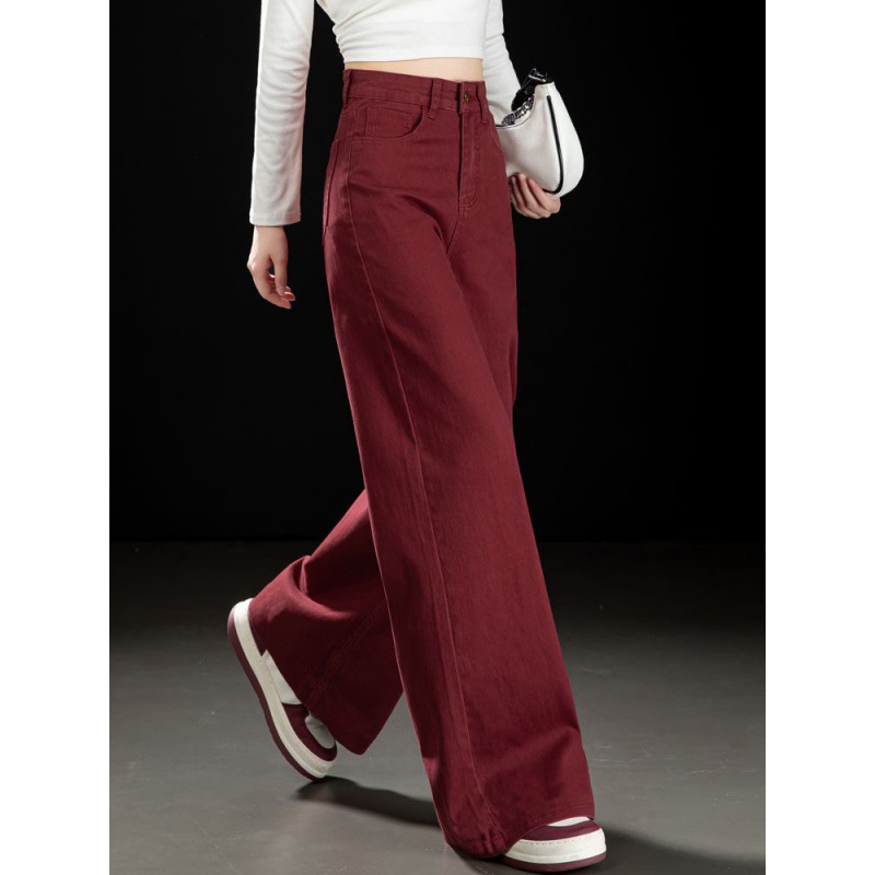 秋季新款磚紅色復古牛仔褲女顯瘦寬鬆高腰闊腿休閒直筒拖地長褲子