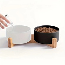【跨境专供】陶瓷猫碗双碗一体木架黑色宠物碗猫咪喝水碗狗碗狗盆