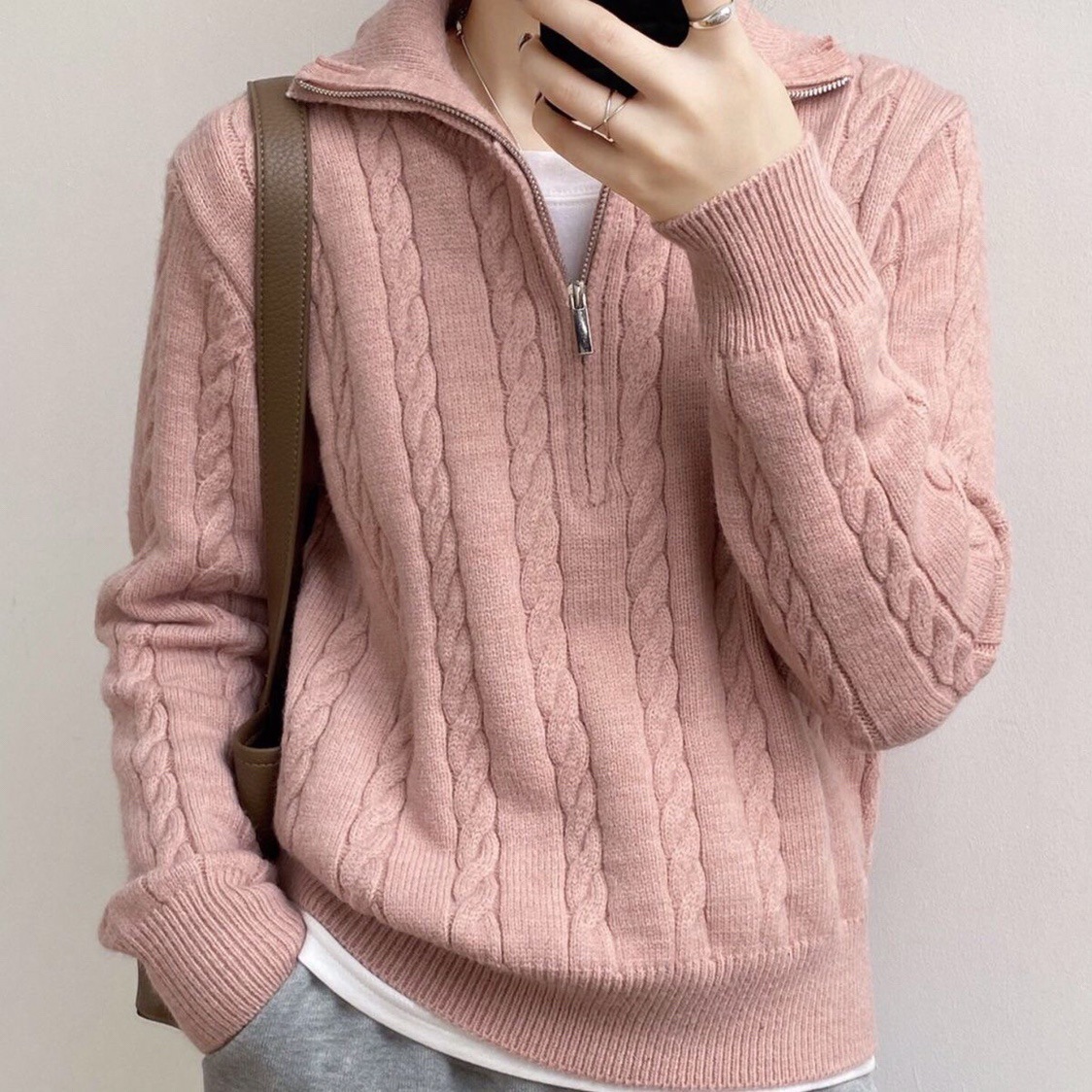 Women's Clothing autumn and winter soft and sticky knitted tops for women retro twist half zipper lazy versatile short sweater jacket_voghion.com
