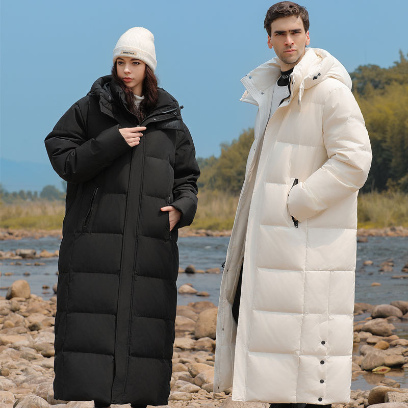 Extra-Long Couple’s Down Coat – 600FP White Goose Feather, Waterproof & Breathable, Oversized Korean Style (M-4XL, Black/Cream Unisex)_voghion.com
