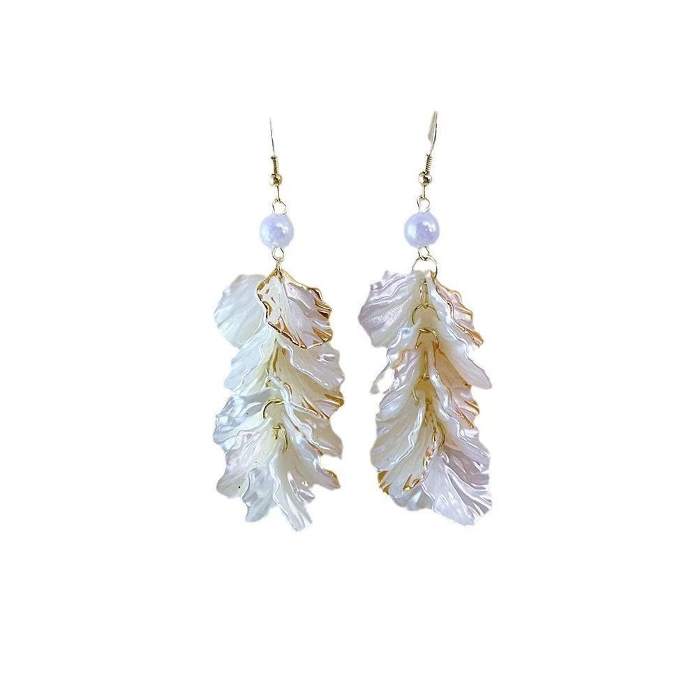 Brincos de estilo francês com pérolas e borlas em formato de pétala, novidade em vendas, alta qualidade, estilo vintage, com ganchos exagerados para mulheres._voghion.com