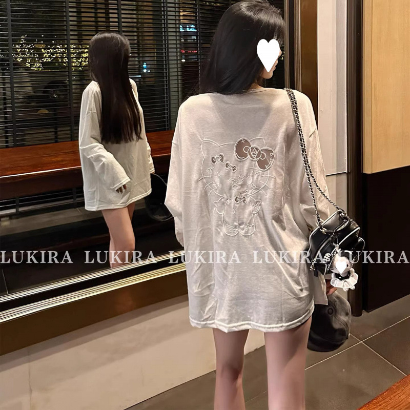 【原版面料 莱赛尔雪花棉 1比1做法】宽松刺绣kt长袖T恤女防晒罩|undefined