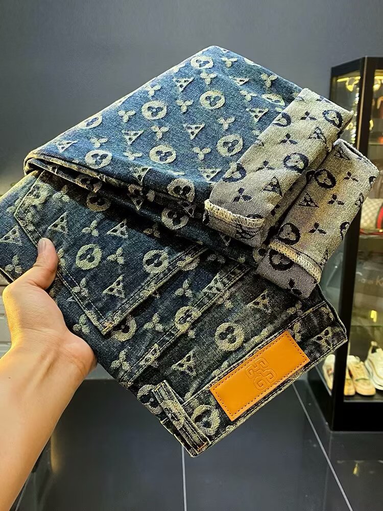 Men's Vintage Washed Denim Jacquard Printed Pants Straight-Leg Cut Retro High Street Aesthetic Jeans_mkmklike.com