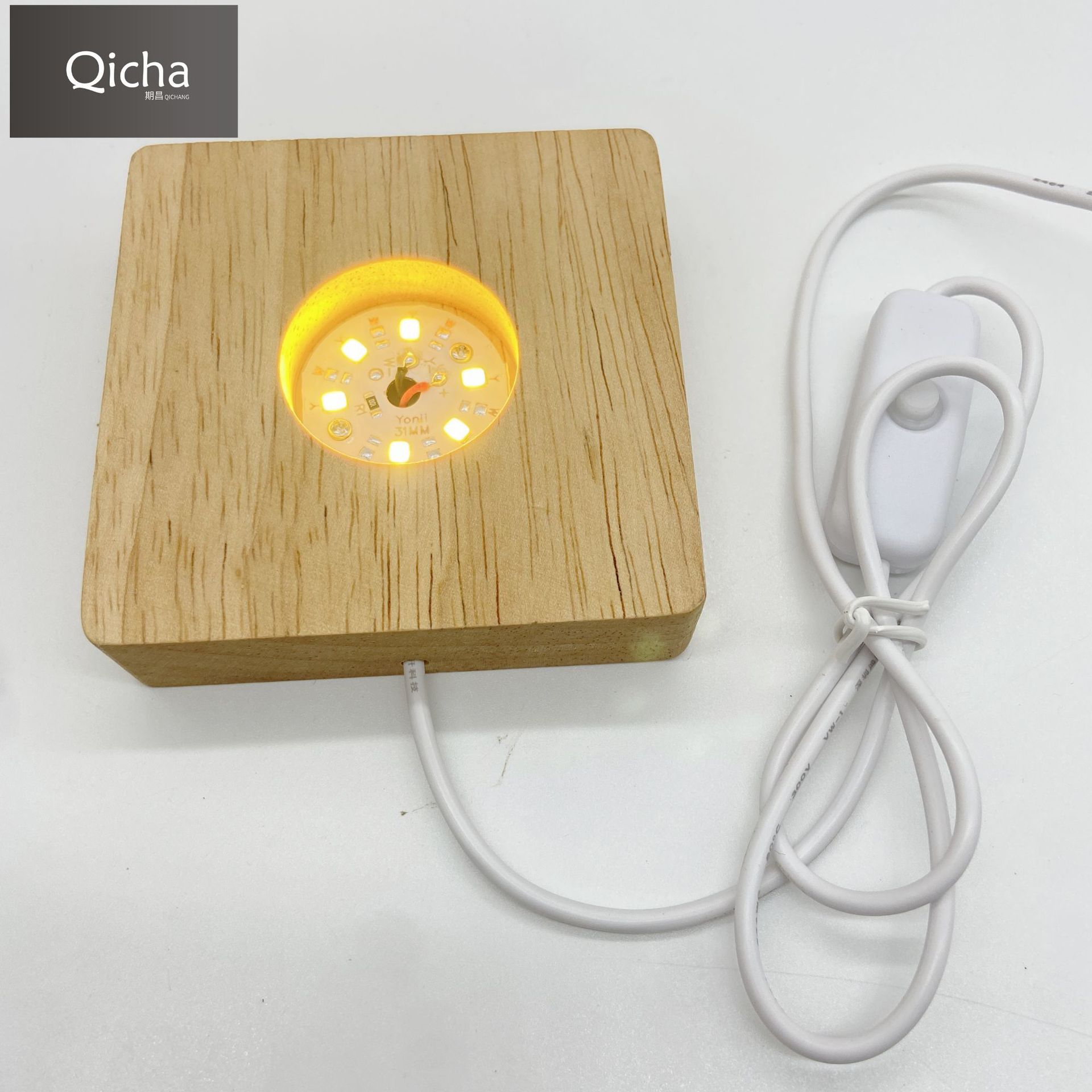 Kauçuk ahşap aydınlık kristal taban USB arayüzü 5V anahtarı aydınlık taban gece lambası masif ahşap yuvarlak lamba tutucu