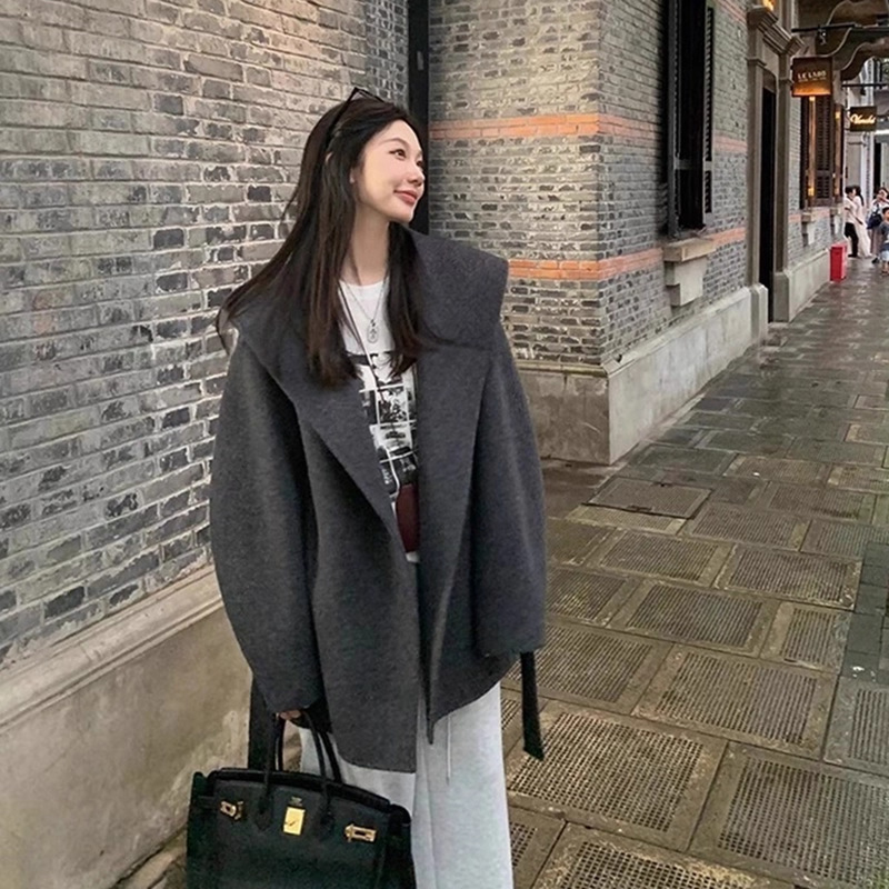 深灰色双面羊绒大衣女2025秋冬新款韩系小个子短款连帽羊毛呢外套