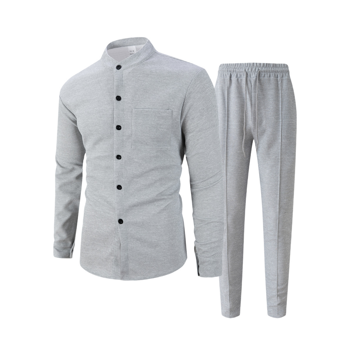 K Men's New Waffle Solid Color Stand Up Collar Cardigan Shirt Long Sleeved Pants Casual Suit_viptrois.com