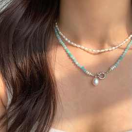 925通体纯银天然珍珠天河石复古水滴珍珠项链法式小众设计