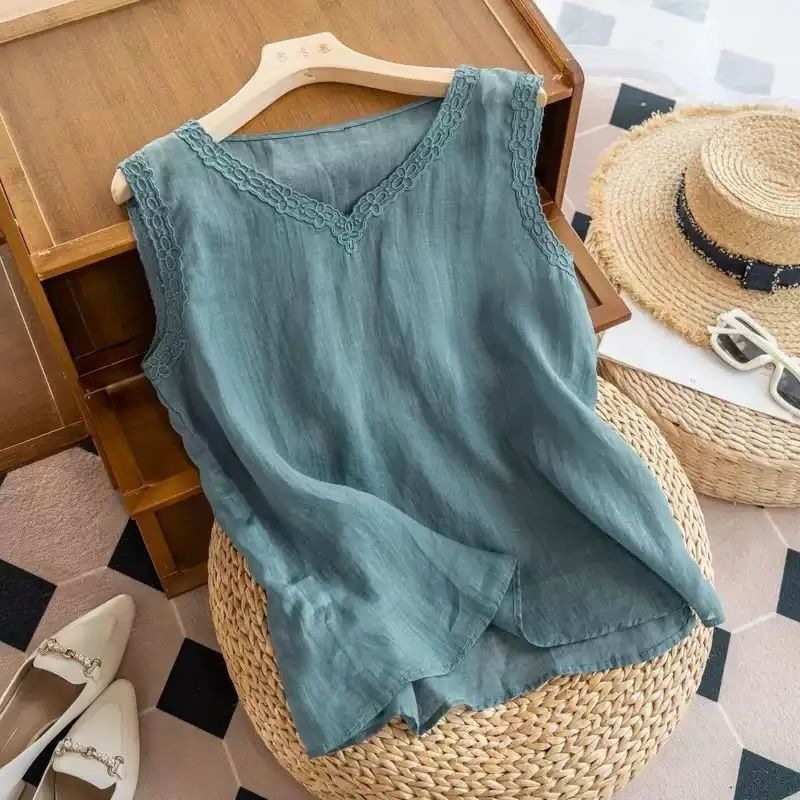 棉质仿棉麻夏季新款复古小背心绣花宽松无袖上衣气质外穿内搭吊带
