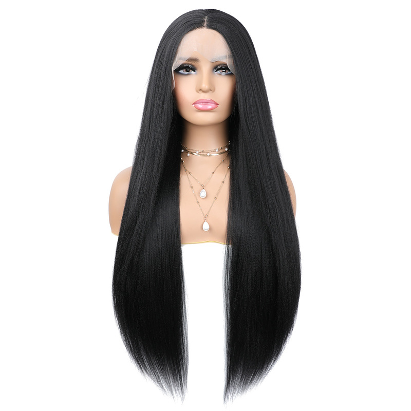 13X4 front lace wig women's long hair black Yaki Straight chemical fiber high temperature silk headgear a generation of hair
