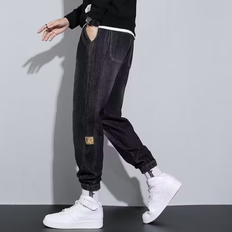 2024 primavera y otoño pantalones vaqueros de cintura elástica todo fósforo para hombres, pantalones de pierna ancha rectos sueltos para adolescentes de la calle principal